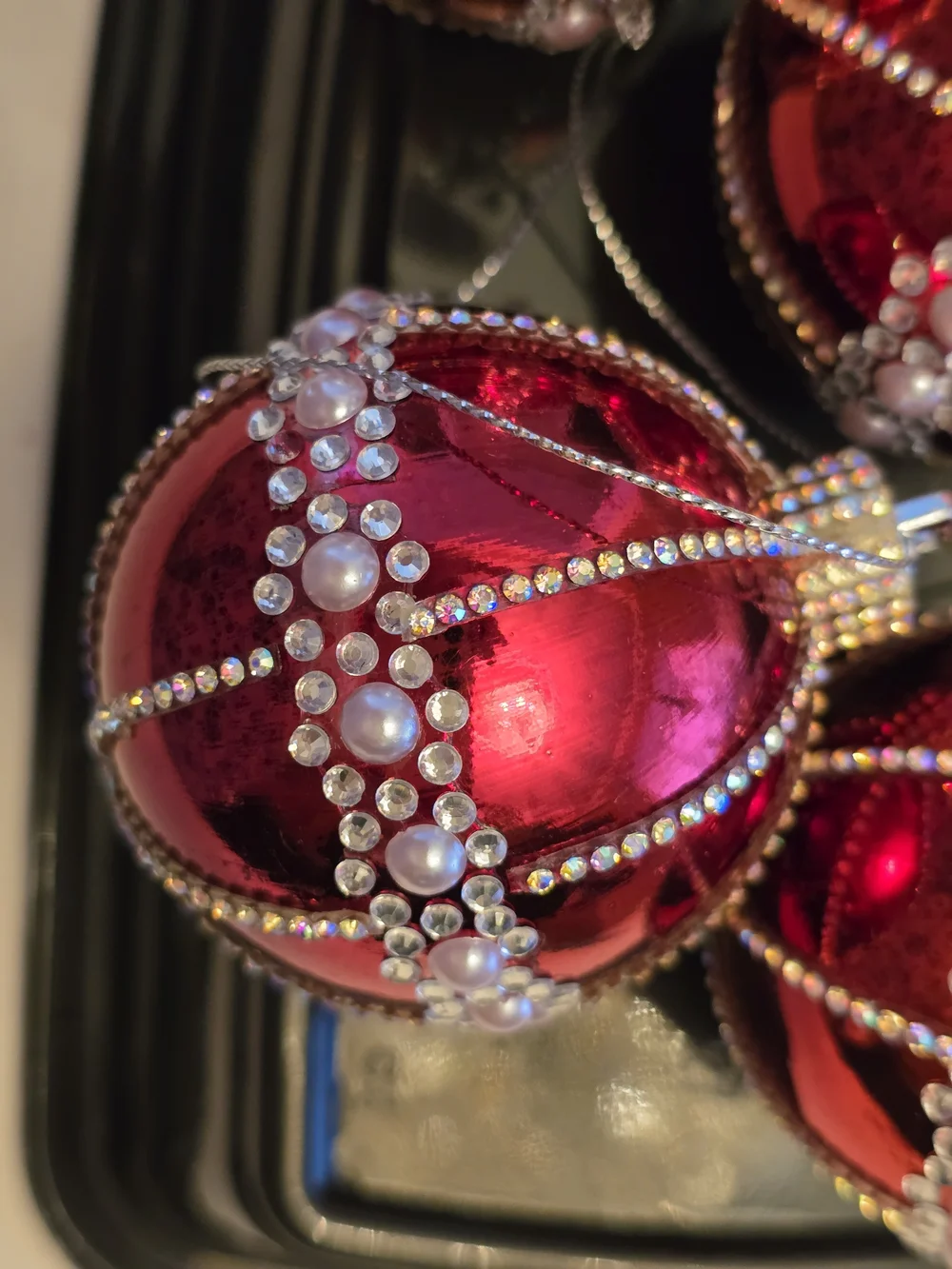 Red Beaded Holiday Ornament Set - Decorative Christmas New 4 Piece 2.6 Inch